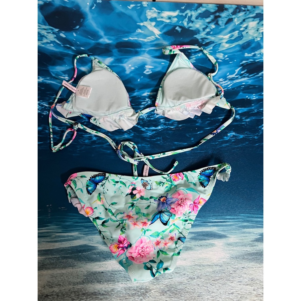 ☀️Nanette Lepore Floral Butterfly Ruffle Triangle Bikini Set Mint Green Size 8 - Picture 6 of 11